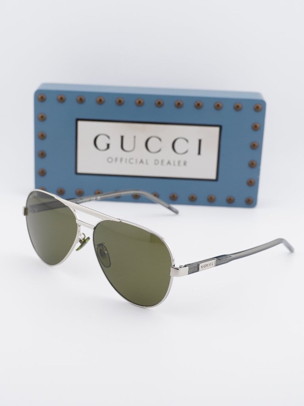 Gucci GG1163S 002 Aviator Sunglasses - Silver / Green